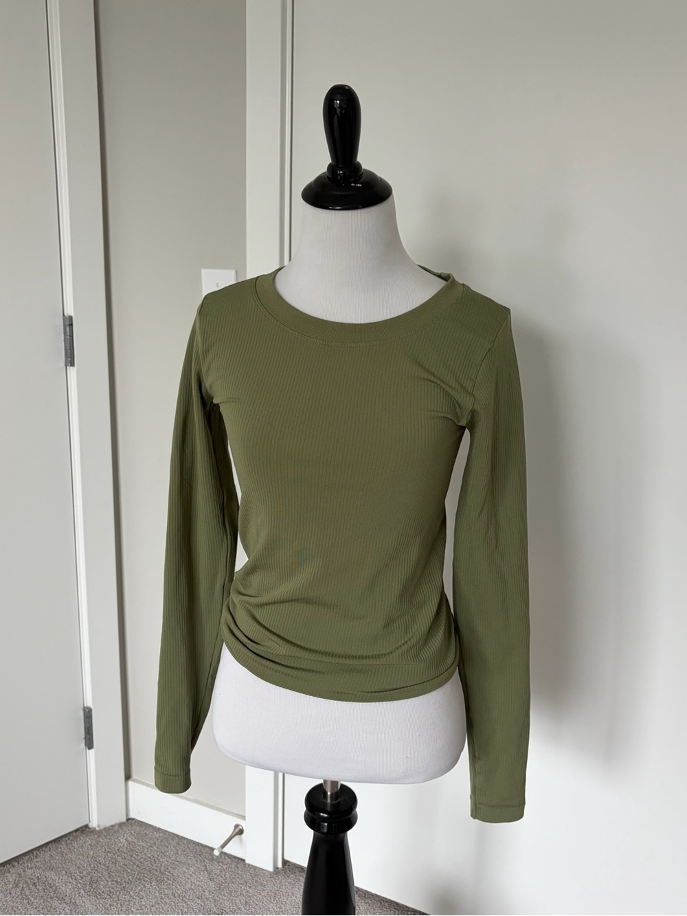 Athleta Olive Ribbed Long Sleeve Crewneck Top